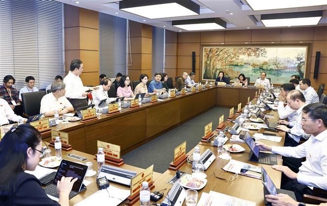 Delegación de los diputados a la Asamblea Nacional de Hanói discute en grupo. (Foto: VNA)