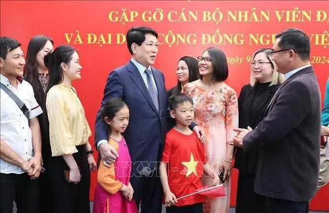 El presidente Luong Cuong habla con representantes de la comunidad vietnamita en Chile. (Foto: VNA)