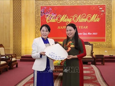 La secretaria del Comité del Partido Comunista de Vietnam en Ninh Binh, Nguyen Thi Thu Ha (derecha), recibe a Mori Masako, asesora especial del Primer Ministro de Japón (Foto: VNA)