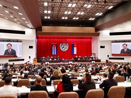 El presidente de la Asamblea Nacional de Vietnam, Vuong Dinh Hue, habla en una sesión especial de la Asamblea Nacional de Cuba. (VNA)
