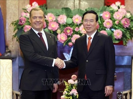 El presidente de Vietnam, Vo Van Thuong (derecha), y el presidente del partido gobernante Rusia Unida y subtitular del Consejo de Seguridad, Dmitry Medvedev. (Fuente:VNA)