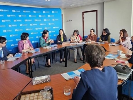 Una sesión de trabajo entre la delegación de UMV y la presidenta del Consejo Ejecutivo de la UNESCO, Tamara Rastovac Siamashvili. (Foto: VNA)