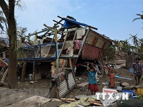 Muchas casas derrumbadas por el ciclón Mocha en Sittwe, Myanmar. (Foto: AFP/VNA)