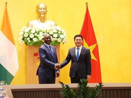 El presidente de la Asamblea Nacional de Costa de Marfil, Adama Bictogo (izquierda), y el ministro de Industria y Comercio de Vietnam, Nguyen Hong Dien (Foto: VNA) 