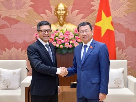 El presidente de la Comisión de Relaciones Exteriores de la Asamblea Nacional de Vietnam, Vu Hai Ha, recibe en Hanoi al embajador de Indonesia en el país, Denny Abdi. (Foto: VNA)