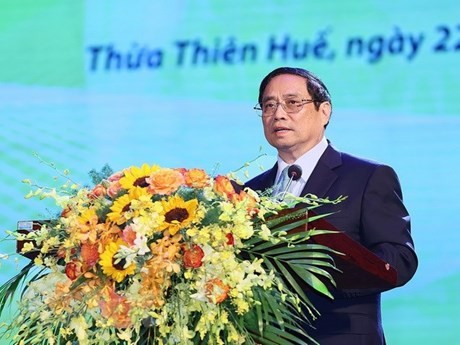 El primer ministro de Vietnam, Pham Minh Chinh, interviene en el evento (Fuente:VNA)