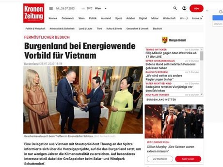 El periódico Kronen Zeitung publicó artículo sobre la visita oficial a Austria del presidente vietnamita Vo Van Thuong. (Foto: VNA)