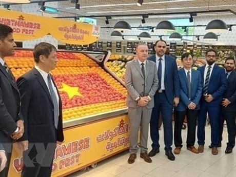 El embajador vietnamita en UAE, Nguyen Manh Tuan (tercera persona, a la izquierda) en un evento para presentar productos agrícolas vietnamitas en UAE. (Foto: VNA)