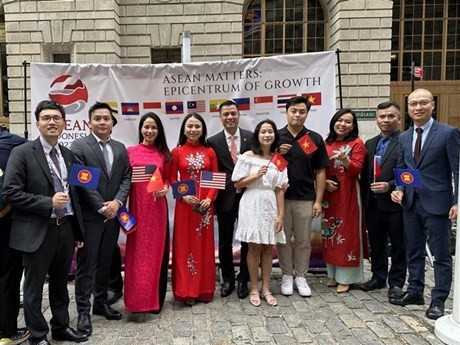 El embajador Dang Hoang Giang (sexto desde la derecha) y funcionarios de la Misión Permanente de Vietnam ante las Naciones Unidas asisten a la ceremonia de izamiento de la bandera. (Foto: VNA)