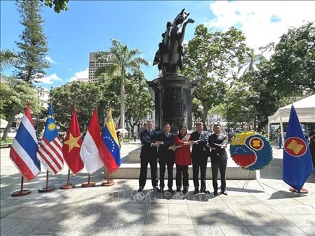 La viceministra para Asia, Medio Oriente y Oceanía del Ministerio de Relaciones Exteriores de Venezuela, Tatiana Pugh Moreno (traje rojo), y embajadores de países de la Asean en Caracas, en el acto. (Fuente: VNA)