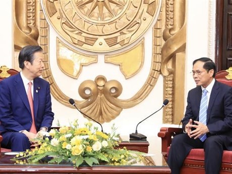 El ministro de Relaciones Exteriores, Bui Thanh Son, (derecha) recibe a Yamaguchi Natsuo, presidente del Partido japonés de Komeito, quien realizó una visita a Vietnam, del 19 al 23 de agosto. (Fuente: VNA)