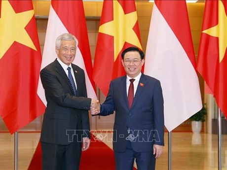 El primer ministro singapurense, Lee Hsien Loong, durante su encuentro con el presidente de la Asamblea Nacional de Vietnam, Vuong Dinh Hue, en Hanói.(Fuente:VNA)