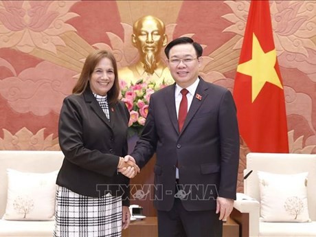 El presidente de la Asamblea Nacional de Vietnam, Vuong Dinh Hue, recibe a la vicepresidenta de la Asamblea Nacional del Poder Popular de Cuba, Ana María Machado (Fuente:VNA)
