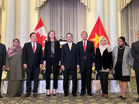 El embajador vietnamita en Estados Unidos, Pham Vinh Quang (centro), tomó una fotografía conmemorativa con la viceministra de Asuntos Exteriores de Canadá (cuarto a la izquierda), Cindy Termorshuizen, y diplomáticos de la ASEAN. (Foto: VNA)