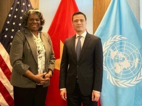 El embajador Dang Hoang Giang, jefe de la misión permanente de Vietnam ante las Naciones Unidas, y su homóloga estadounidense, Linda Thomas-Greenfield. (Foto: VNA)