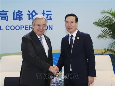 El presidente vietnamita, Vo Van Thuong, se reúne con el secretario general de la ONU, António Guterres. (Foto: VNA)