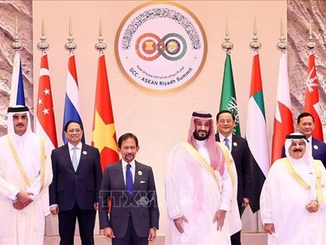El príncipe heredero y primer ministro de Arabia Saudita, Mohammed bin Salman, da la bienvenida al primer ministro de Vietnam, Pham Minh Chinh, y jefes de delegaciones de otros países. (Foto: VNA)
