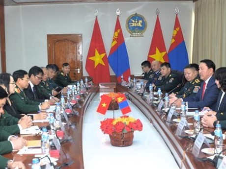 Reunión entre el ministro de Defensa de Vietnam, Phan Van Giang, y su homólogo mongol, Gursediin Saikhanbayar. (Foto: VNA)