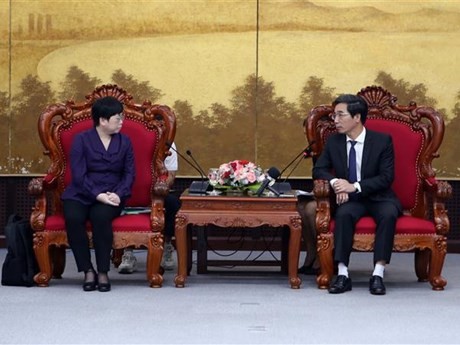 El vicepresidente del Comité Popular de la ciudad vietnamita de Da Nang, Tran Chi Cuong, recibe a He Jiamin, vicealcaldesa de la ciudad de Zhanjiang, provincia china de Guangdong.(Fuente: VNA)