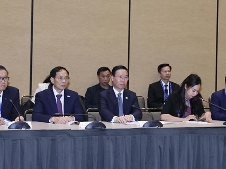 El presidente de Vietnam, Vo Van Thuong, sostiene un encuentro con representantes de la Alianza Empresarial Estados Unidos-APEC. (Fuente: VNA)
