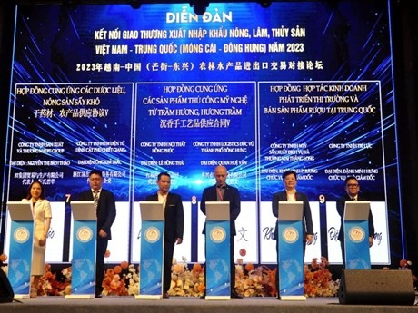 Empresas vietnamitas y chinas firmaron 21 acuerdos y contratos económicos sobre la promoción de importación y exportación de productos agroforestales y acuáticos, comercio, logística y agricultura de alta tecnología. (Fuente:VNA)