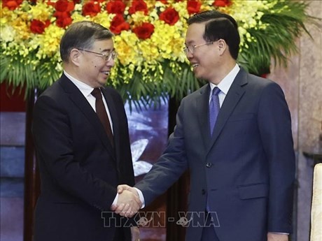 El presidente de Vietnam, Vo Van Thuong (derecha), recibe al jefe del Departamento de Publicidad del Comité Central del Partido Comunista de China Li Shulei (Fuente: VNA)