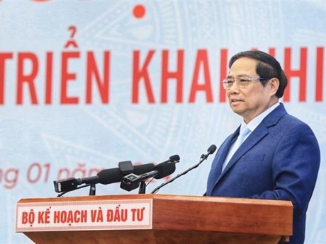 El primer ministro vietnamita, Pham Minh Chinh, en la conferencia de balance del Ministerio de Planificación e Inversión (Fuente: VNA)