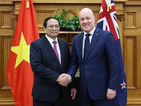 El primer ministro de Vietnam, Pham Minh Chinh, y su par neozelandés, Christopher Luxon. (Fuente: VNA)