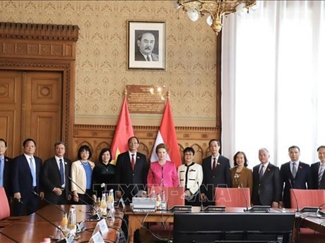 El vicepresidente de la Asamblea Nacional de Vietnam, Tran Quang Phuong, la vicepresidenta permanente de la Asamblea Nacional húngara, Mátrai Márta y los delegados. (Fuente:VNA)