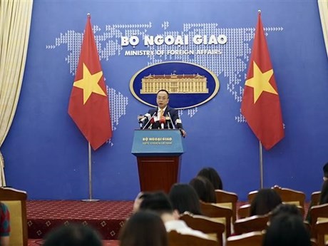 El portavoz adjunto del Ministerio de Relaciones Exteriores, Doan Khac Viet, habla en la rueda de prensa (Fuente:VNA)