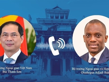 El canciller vietnamita, Bui Thanh Son, mantiene una conversación telefónica con el ministro de Relaciones Exteriores y de Cooperación de Benín, Olushegun Adjadi Bakari (Fuente: VNA)
