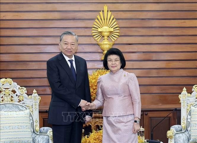 El presidente vietnamita, To Lam, se reúne en Phnom Penh con la titular de la Asamblea Nacional camboyana, Khuon Sudary. (Fuente: VNA)