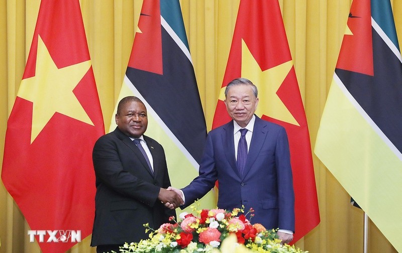 El secretario general del Partido Comunista y presidente de Vietnam, To Lam (derecha), recibe al presidente de Mozambique, Filipe Jacinto Nyusi. (Foto: VNA)