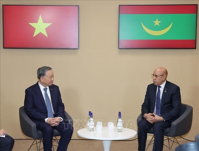 El secretario general del Partido Comunista de Vietnam y presidente de Vietnam, To Lam (en la izquierda), se reúne con el presidente de Mauritania, Mohamed Ould Ghazouani. (Fuente: VNA)