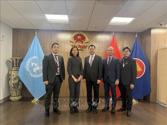 El embajador Dang Hoang Giang, jefe de la misión permanente de Vietnam ante la ONU (centro) y la coordinadora residente de la ONU en Hanói, Pauline Tamesis (Fuente: VNA)