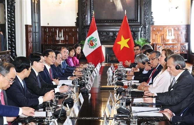 El presidente de Vietnam, Luong Cuong, sostuvo el 13 de noviembre (hora local) conversaciones con su homóloga anfitriona, Dina Ercilia Boluarte Zegarra (Fuente: VNA)