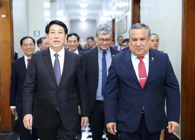 El presidente vietnamita, Luong Cuong, se reúne con el titular del Consejo de Ministros, Gustavo Adrianzén. (Fuente: VNA)