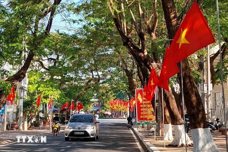 Una calle adornada con banderas y carteles en la ciudad de Ca Mau, de la provincia homónima (Foto: VNA)