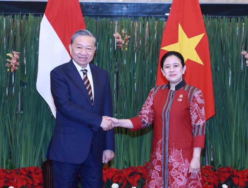 El secretario general del Partido Comunista de Vietnam, To Lam, se reúne con la presidenta del Consejo Representativo del Pueblo de Indonesia, Puan Maharani. (Fotografía: VNA)