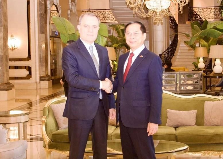 El vicepremier y ministro de Asuntos Exteriores de Vietnam, Bui Thanh Son, se reúne con el canciller de Azerbaiyán, Jeyhun Bayramov. (Fotografía: VNA)