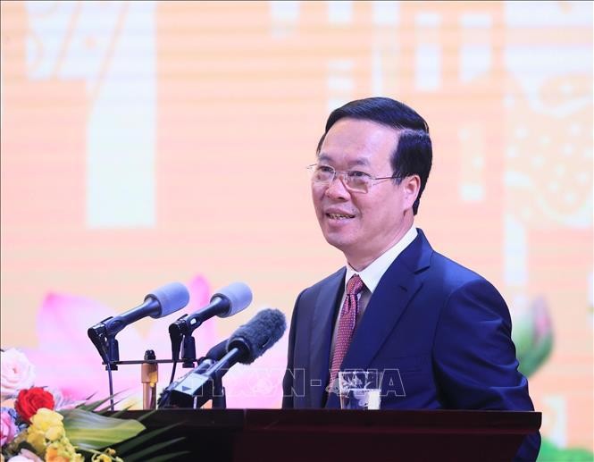 El presidente de Vietnam, Vo Van Thuong, habla en el evento. (Fotografía: VNA)