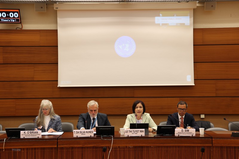La embajadora Le Thi Tuyet Mai, representante permanente de Vietnam ante la ONU, la Organización Mundial del Comercio y otros organismos internacionales en Ginebra, en la reunión. (Fotografía: VNA)