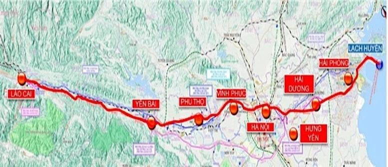 El mapa de la ruta ferroviaria Lao Cai – Hanói – Hai Phong. (Foto: baodautu.vn)