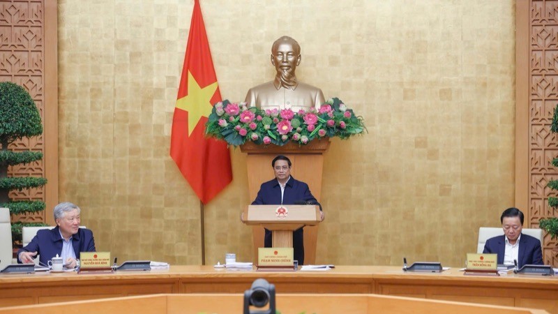 El primer ministro de Vietnam, Pham Minh Chinh, interviene en la reunión (Foto: VNA)