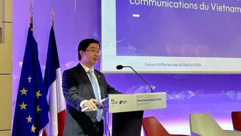 Bui Hoang Phuong, viceministro de Información y Comunicación de Vietnam, habla en el tercer Foro Empresarial del Sudeste Asiático. (Foto: VNA)