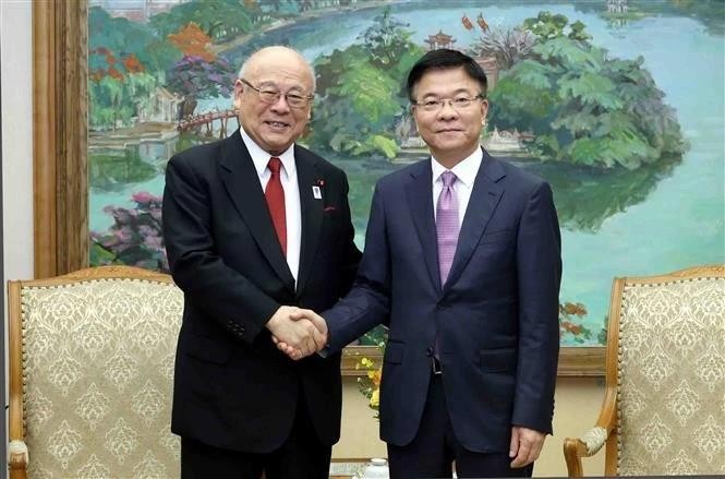 El viceprimer ministro vietnamita Le Thanh Long y Takebe Tsutomu, asesor especial de la Alianza de Amistad Parlamentaria Japón-Vietnam. (Foto: VNA)