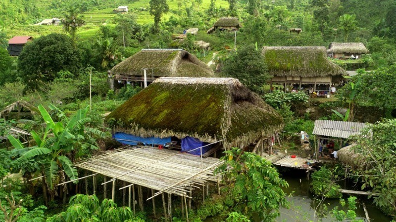 En la cima de Tay Con Linh, los techos cubiertos de musgo de la etnia Dao en la aldea de Xa Phin, comuna de Phuong Tien, distrito de Vi Xuyen, atraen a muchos turistas.