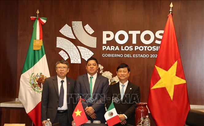 De izquierda a derecha: el embajador vietnamita Nguyen Van Hai, el gobernador del estado de San Luis Potosí, Ricardo Gallardo Cardona, y el presidente del Comité Popular de Binh Duong, Vo Van Minh (Foto: VNA)