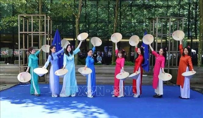 Actuación de las integrantes del club vietnamita de herencia Ao Dai en Bélgica (Foto: VNA)