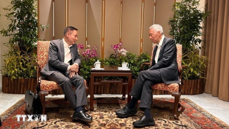 El secretario del Comité Central del Partido Comunista de Vietnam y jefe de su Comisión de Relaciones Exteriores, Le Hoai Trung, se reúne con el ex primer ministro y ministro principal, Lee Hsien Loong. (Foto: VNA)